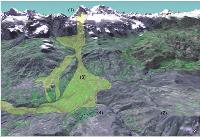 Peligros Geológicos por Procesos Glaciales, Cordillera Blanca - Río Santa 131 Figura 1: (1) Pico norte del Nevado Huascarán (6654 msnm.