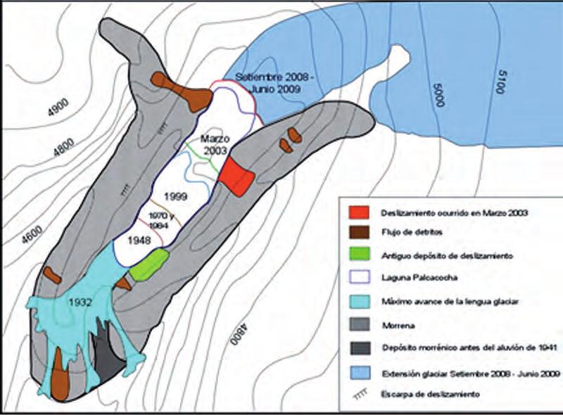 140 Figura 1: Evolución Glaciar de la Laguna Palcacocha, se muestra el retroceso entre los años 1932 y 2008, basados en los resultados de las fotos aéreas, imágenes satelitales.