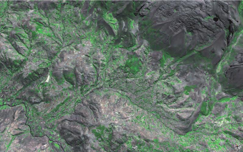 78 Marcará Imagen 33 Vista panorámica de la cuenca fluvial del río Marcará (línea roja); nótese el fuerte grado de erosión por cárcavas que se presenta en las laderas.