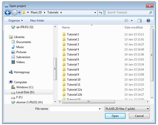 General Information Help facilities Figure 2: PLAXIS 2D file requester With the file requester, it is possible to search for files in any admissible folder of the computer (and network) environment.