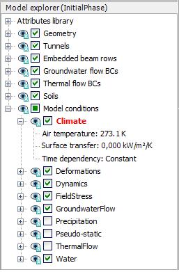 Meshing and calculation Geometry configuration - Staged Construction mode Figure 218: The expanded Climate subtree in the Model explorer The parameters used to define climate conditions are: Air