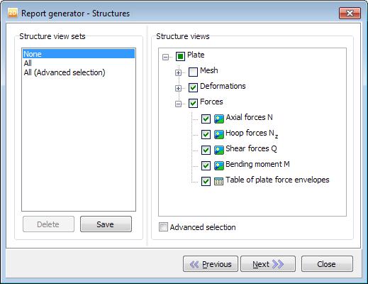 Output program - General overview Report generation Figure 256: Report generator - Structures Step 6: Select saved views to be