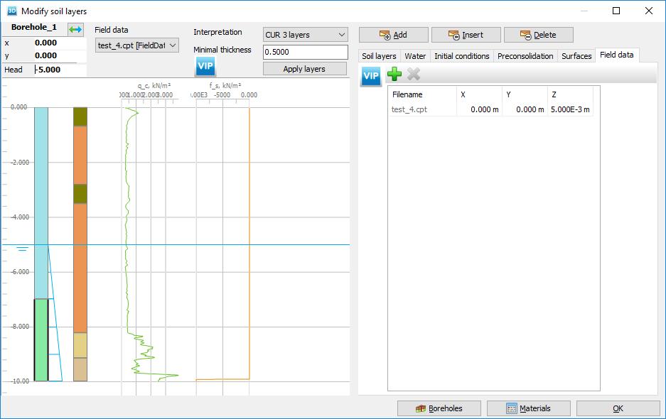 Ground modelling - Soil mode Importing soil layers Note: Figure 35: CPT data in the Modify soil layers window When soil stratigraphy is generated from CPT logs the created layers will be applied to