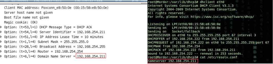 Veamos un ejemplo. Un atacante configura un servidor dhcpd3 en su equipo Linux con los parámetros mostrados en la figura anterior (/etc/dhcp3/dhcpd.