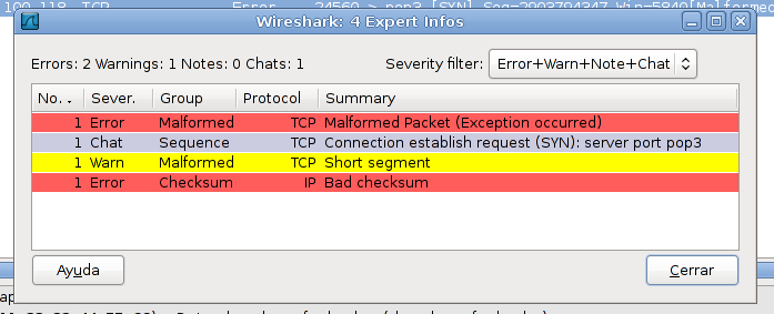 7. EXPERT INFOS 7.1. INTRODUCCIÓN La funcionalidad Expert Infos es algo similar a un registro de anomalías que detecta automáticamente Wireshark en un fichero de captura.