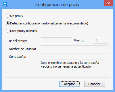 Opciones Configuración de red Configuración de proxy Haga clic en el botón Configurar... para abrir el cuadro de diálogo Configuración de proxy.