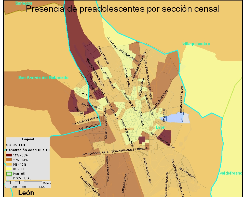 Gráfico 58: Concentración de población joven por sección censal de León Capital (% sobre población de la sección) La aplicación de esta metodología permitió equilibrar la muestra a partir de los
