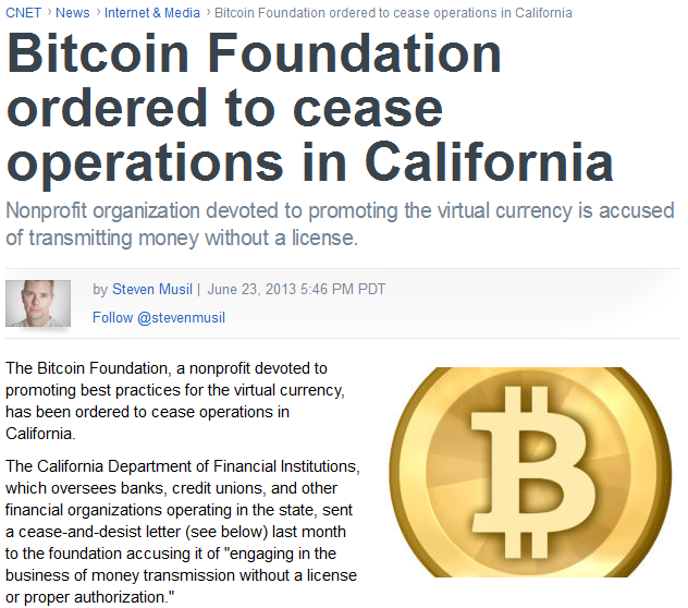 Figura 3. California ordena a la Bitcoin Foundation el cese de sus operaciones.