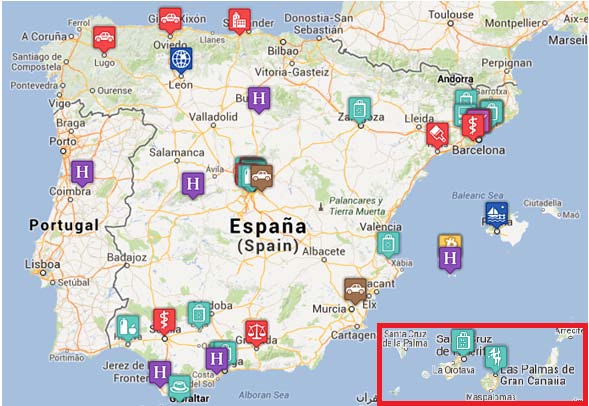 Figura 4. Mapa de comercios que aceptan Bitcoins en España.