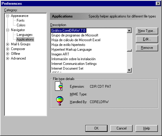 Vídeos, Sonido y Multimedia Figura 10.2. Netscape Navigator permite configurar en este cuadro de diálogo las aplicaciones externas asociadas a cada navegador.