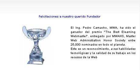 Premio al Ing. Pedro Camacho En el enlace web de la fundación FATLA es la siguiente www.fatla.