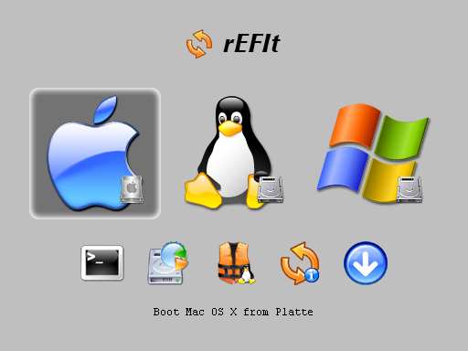 Ilustración 5 Pantalla de carga de refit con Mac OS X, Linux y Microsoft Windows instalados 1.