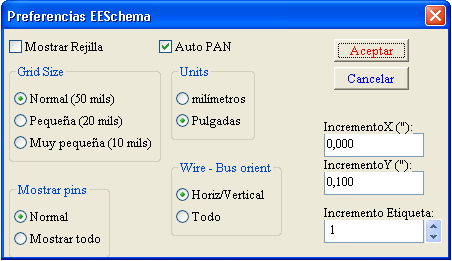 Eeschema 3.2.3 - Menu Preferencias/Opciones Mostrar Rejilla: Si está activo, se muestra la rejilla de trabajo. Tamaño Rejilla: Trabajar con la rejilla normal (0,050 pulgadas o 1,27 mm).