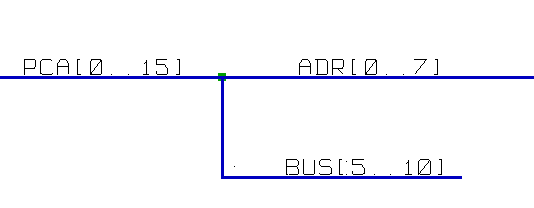 Eeschema Los buses PCA[0..15], ADRL[0..7] y BUS[5..10] están conectados (nótese aquí la unión ya que la línea del bus vertical se conecta en medio del segmento de bus horizontal).