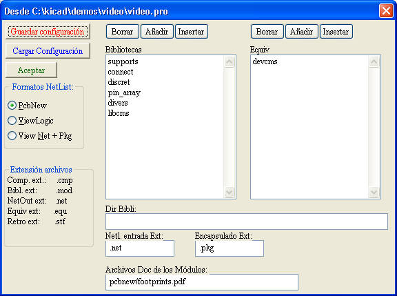 Cvpcb 4.3 - Configuración de CVPCB 4.3.1 - Pantalla general Al abrir el menú de configuración se muestra la siguiente pantalla: 4.3.2 - Formato de Netlist Las opciones son: PcbNew: Completa el fichero netlist generado por EESchema y genera también el fichero.