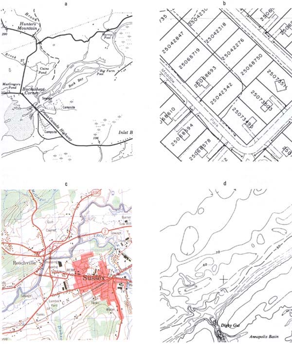 Fig. 2.25. Ejemplos de mapas generales: (a) Planimétrico; (b) catastral; (c) topográfico; (d) batimétrico.