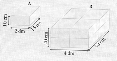 Magnitudes geométricas - Volumen de A: V A = 10 cm x 2 dm x 15 cm = 300 cm 3. - Volumen de B: En el prisma B todo es el doble que en el prisma A.