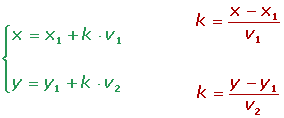 La igualdad de vectores se desdobla en las dos igualdades escalares: Una recta pasa por el punto
