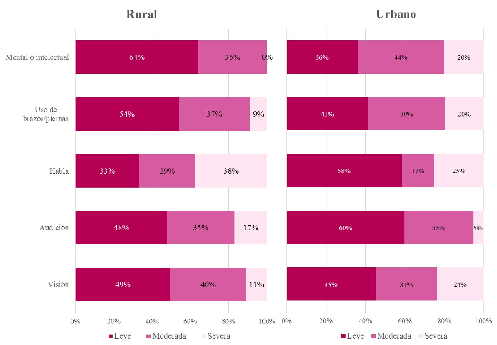 No se observan diferencias significativas entre ámbitos urbano y rural. Figura 16: Tipos de discapacidad que reportan los adultos mayores por tipo de discapacidad, según área de residencia (%) 10.