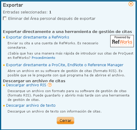 - Exportar directamente a otros gestores de referencias (Procite, Endnote o Reference Manager) - Descargar archivo RIS - Descargar