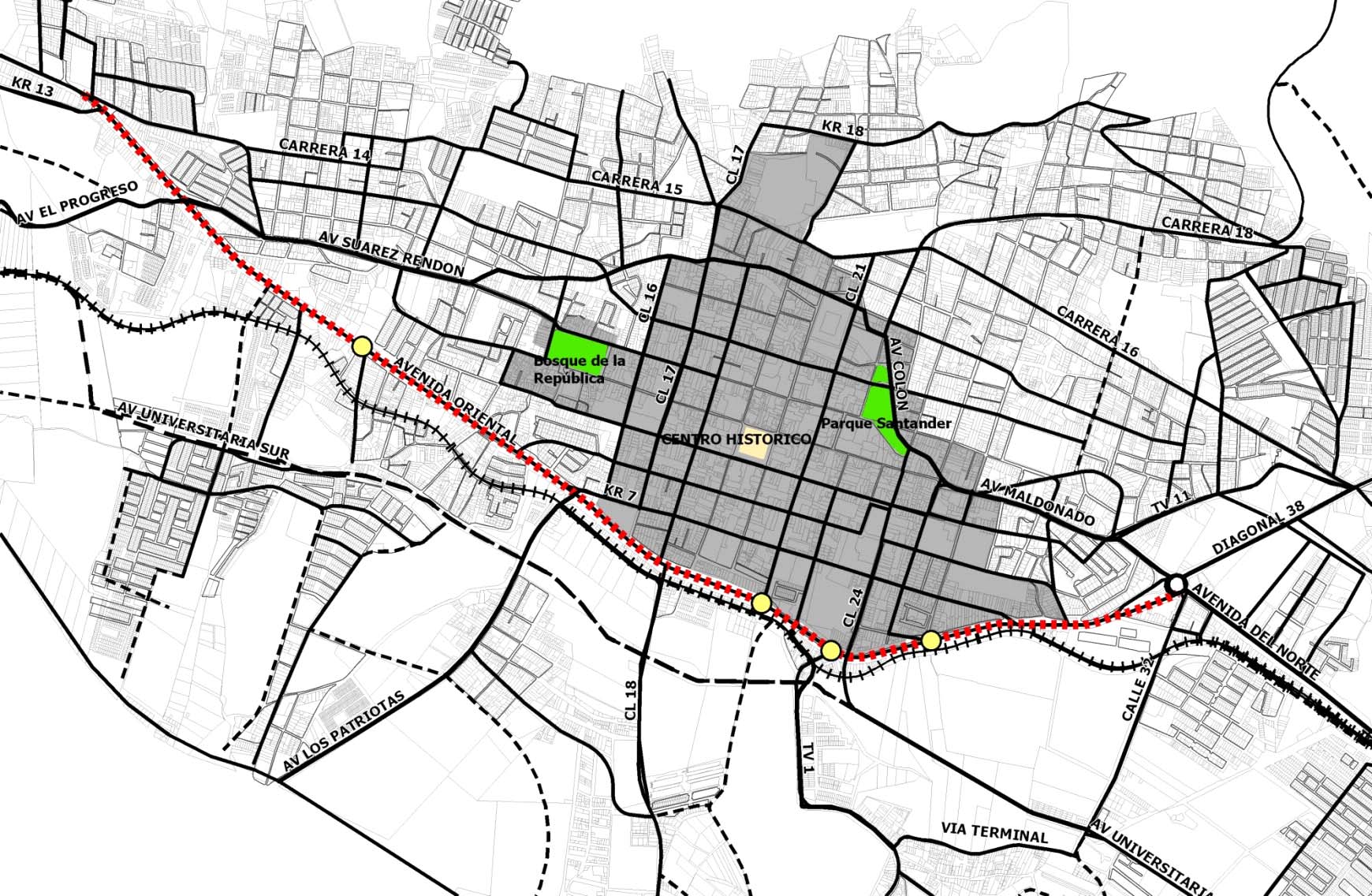 La cobertura del servicio de transporte público colectivo, alcanzada mediante una operación conjunta del anillo perimetral y el par vial propuesto, se muestra en la Ilustración 11, en donde es