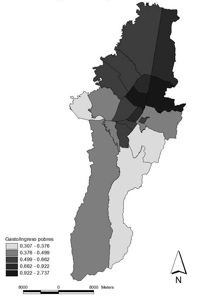 no varía mucho: Rafael Uribe es la localidad con proporción más alta (16% del ingreso promedio), y Bosa, la más baja (12%) (figura 2b).