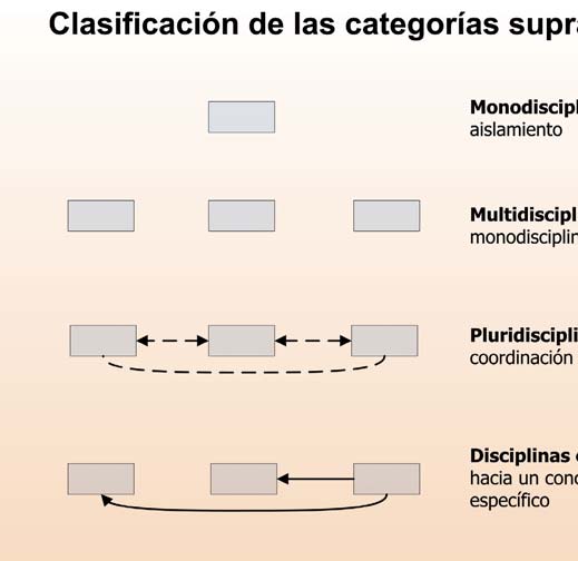 Gráfica 44: distinción entre los distintos tipos de enfoques supradisciplinarios (monodisciplinario, multidisciplinario, pluridisciplinario, disciplinas cruzadas,