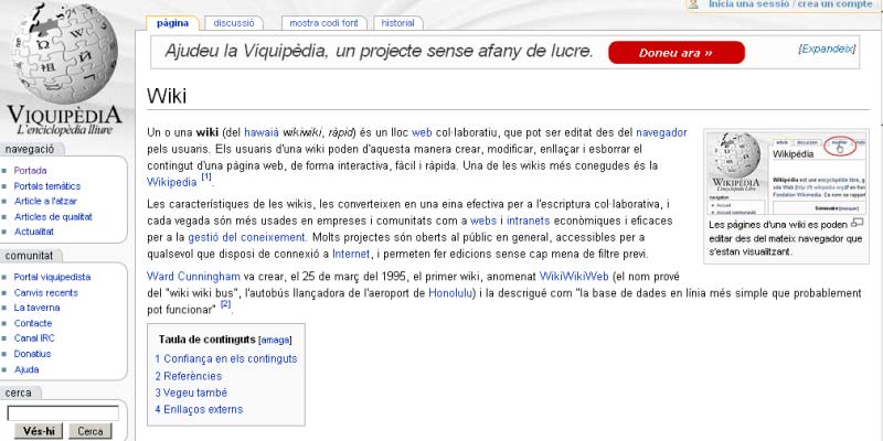 Capítol 2. Web 2.0, blogs i educació Figura 2.8. Captura de pantalla d una pàgina de la Wikipèdia.