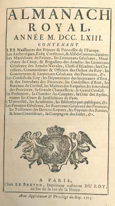 5. Almanach Royal année MDCCLXII : contenant les naissances des princes & princesses de l'europe, les Archevêques, Evêq.