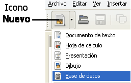 3. Crear una nueva base de datos Para crear una nueva base de datos, haga clic en la flecha que está junto al icono Nuevo. En el menú desplegable, seleccione Base de datos (figura 1).