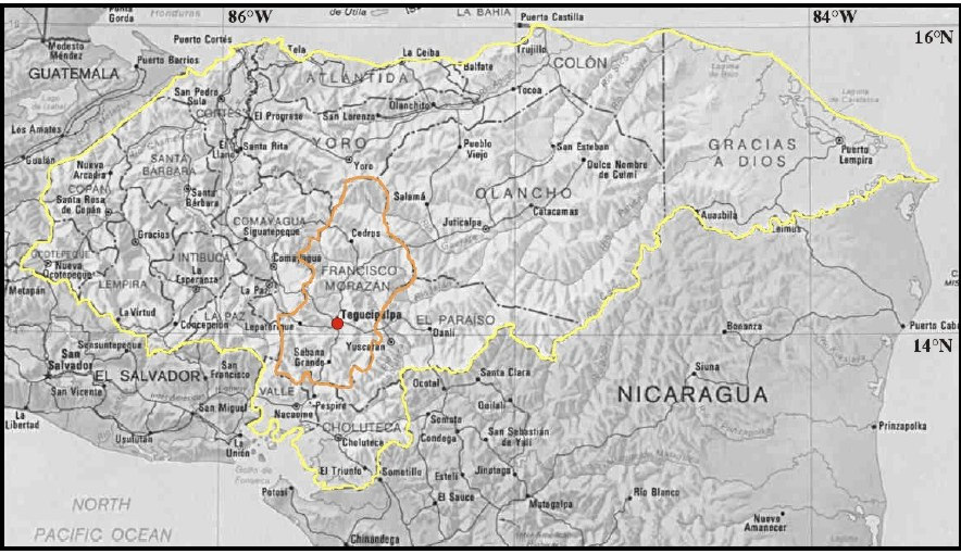 Figure 1-1 Localización de la zona de estudio en Honduras: la capital Tegucigalpa se localiza sobre la cadena montañosa de América Central, en el Departamento Francisco Morazán.