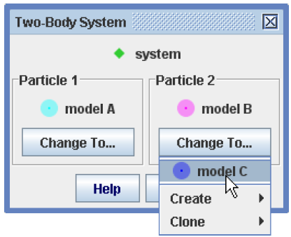 80 Figura 16: Reemplazar una particula en un sistema Definir las fuerzas externas para un sistema Las fuerzas internas y otras propiedades de un sistema de dos partículas se muestran y se editan