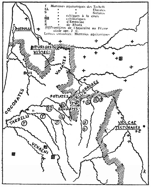 MAPA 15 (Dibujado según Gabrielle Fabre, Les civilisations protohistoriques de l'aquitaine, Paris, 1952, pág. 152 a.