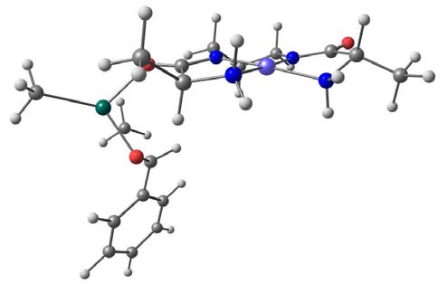 Por otra parte, el dimetilzinc se coordinaría a este complejo a través del átomo de oxígeno de los grupos carbonilo del ligando.