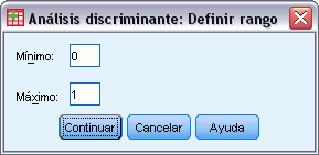 153 Análisis discriminante Análisis discriminante: Definir rango Figura 21-2 Cuadro de diálogo Análisis discriminante: Definir rango