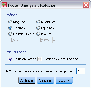 164 Capítulo 22 Análisis factorial: Rotación Figura 22-5 Cuadro de diálogo Análisis factorial: Rotación Método. Permite seleccionar el método de rotación factorial.