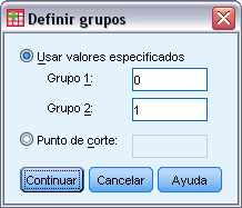 48 Capítulo 9 Definición de grupos en la prueba T para muestras independientes Figura 9-2 Cuadro de diálogo Definir grupos para variables numéricas Para las variables de agrupación numéricas, defina