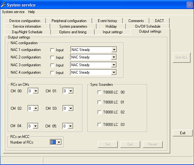 Ficha de configuración de salida La ficha de configuración de salida le permite cambiar la configuración de las NAC s (dispositivos de notificación), la cantidad de RC s (contactos de relé) en el