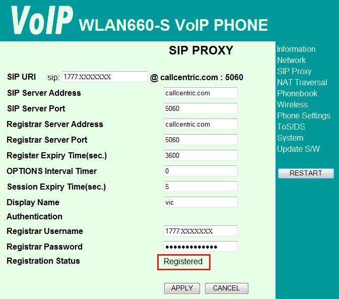 CAPÍTULO IV: MATERIALES Y MÉTODOS 176 En la siguiente pantalla se presenta la configuración SIP, en la cual se ingresa la información proporcionada por el proveedor de servicio VoIP CallCentric, esta