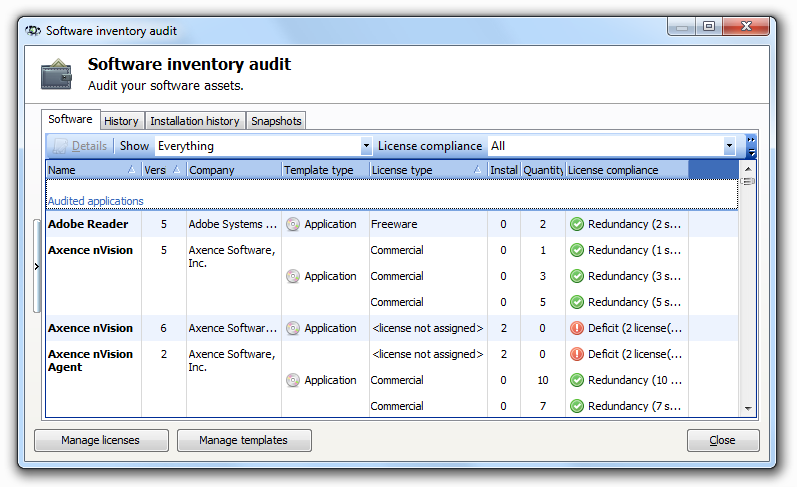 Inventory 142 La ventana Auditoría de inventario de software contiene la lista de aplicaciones detectadas en las máquinas monitoreadas.