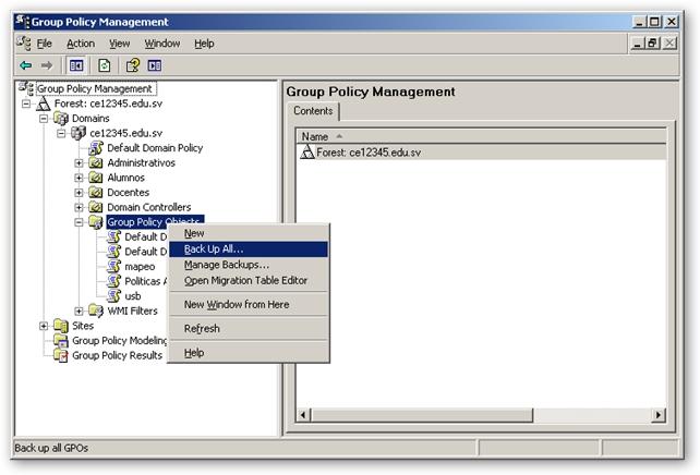 Crear de BackUp de políticas en la GPMC Ejecutar la consola en Administrative Tools Group Policy