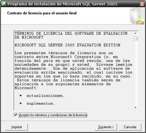 Instalación de Microsoft SQL Server 2005 Instalación de MS SQL Server 2005 1/5 Podemos descargar una versión de prueba válida por 180 días de forma gratuita de: http://www.microsoft.