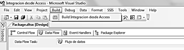 En SSIS, es necesario abrir el proyecto Integración desde Access que es del tipo Microsoft Visual Studio Solution, que se encuentra en la dirección C:\proyecto\Integracion desde Access.