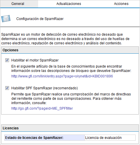 Configuración de SpamRazer S 1. NO se recomienda deshabilitar SpamRazer. 2. GFI MailEssentials descarga las actualizaciones de SpamRazer desde: *.mailshell.net 1.