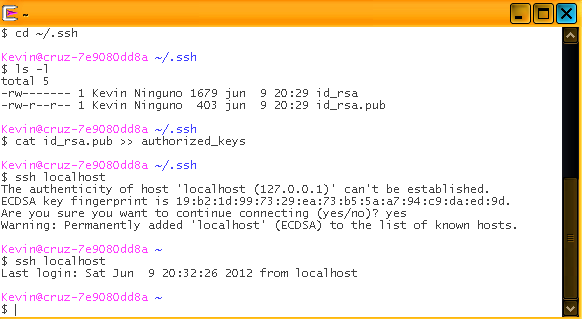 Registrar el servidor, ejecutando: cat id_rsa.pub >> authorized_keys. Figura 40.