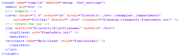 Figura 6.43. Editar build.xml Marcadas con el cuadro azul vemos ambas propiedades y como quedarían después de modificar los valores. Tras esta modificación, ya es posible compilar el código.
