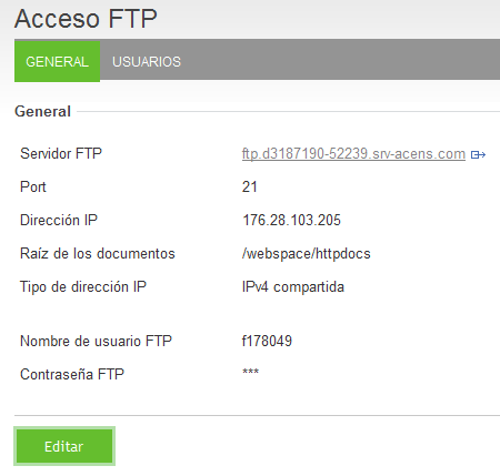 - Acceso FTP: Aquí veremos los datos para poder conectarnos por FTP al alojamiento para subir contenido.
