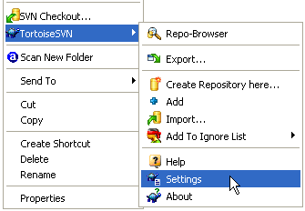 El Repositorio Figura 4.1. El menú de TortoiseSVN para carpetas no versionadas 1. Abra el Explorador de Windows 2. Cree una nueva carpeta y llámela por ejemplo SVNRepositorio 3.
