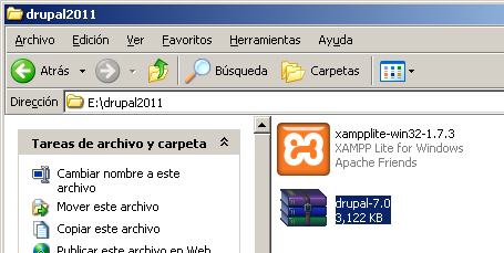 Imagen mostrando Drupal 7 y Xampp descargados. INSTALACIÓN DE XAMPP: 1) Realiza doble clic en el archivo de instalación descargado.