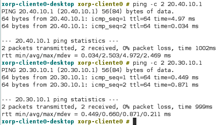 Figura 44 Registro de los ping hacia "fedor_xorp0" fuente Autor El procedimiento de configuración de la otra parte de la mini red, que hace referencia a la fedora_xorp1 y peppermint-cliente1 es